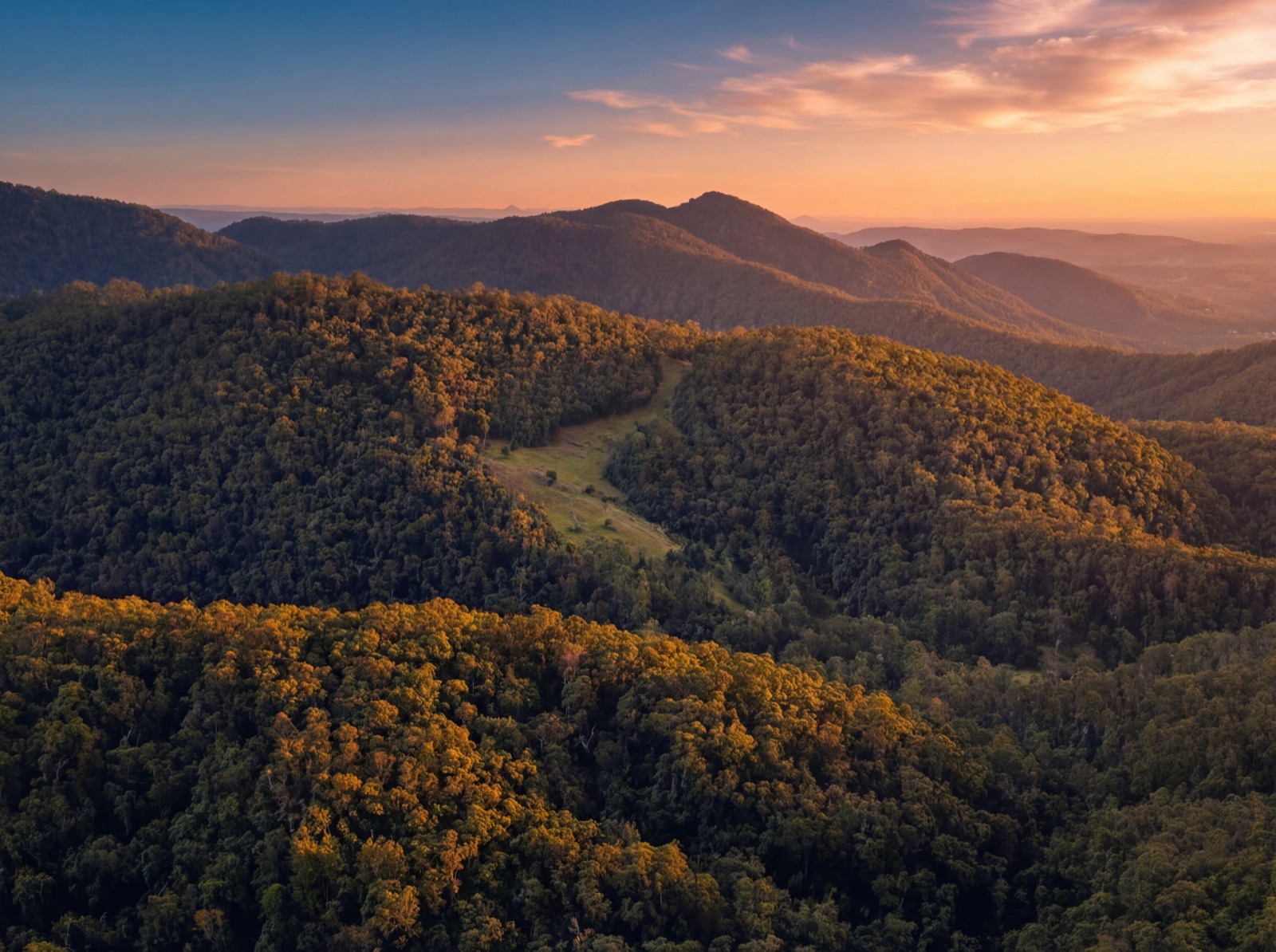 Forested ridgelines at dusk