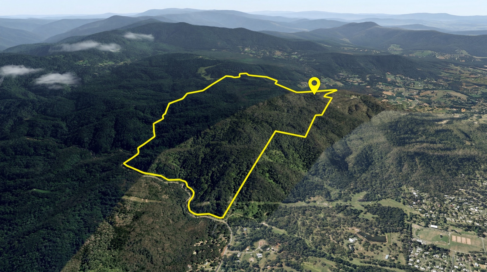 Aerial of the Mount Glorious landholding with the approximate title boundary outlined